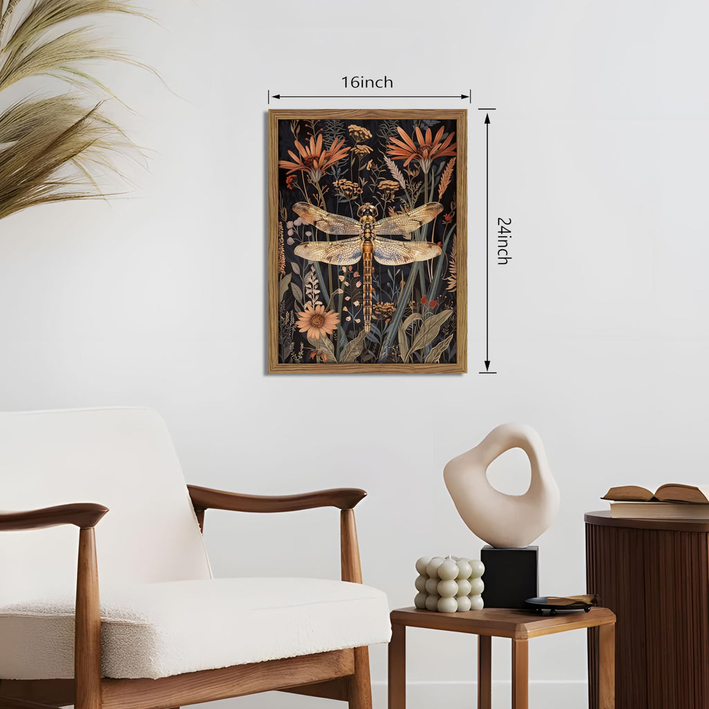 Vintage Framed Dragonfly Wall Art, Dark Academia Insect Art Print, Modern Farmhouse Wall Decor, Botanical Floral