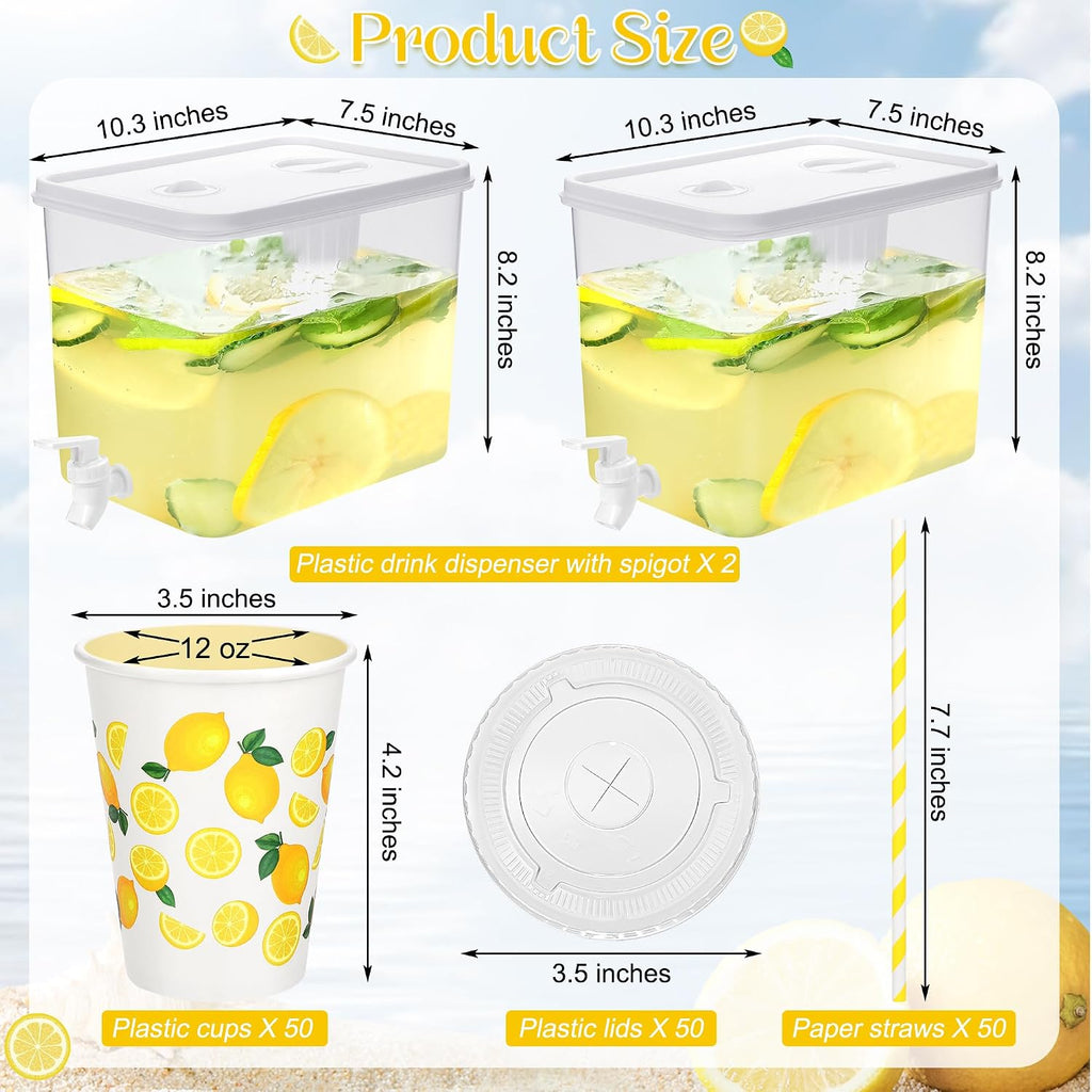 2.3 Gallon Lemonade Dispenser Plastic Drink Dispenser with Spigot 12 OZ Disposable Paper Cup with Lid - Set of 2
