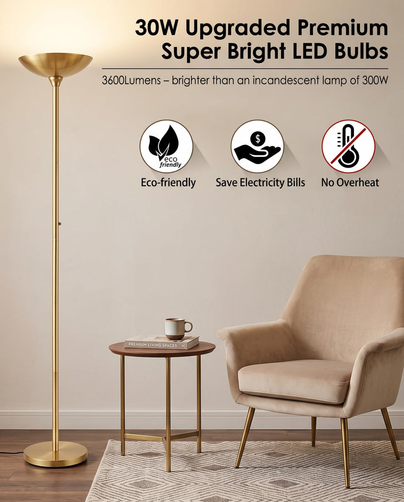 Torchiere Floor Lamp Gold, 30W Super Bright LED Standing Lamp, 3000K Stepless Dimmable Pole Lamp with Rotary Switch