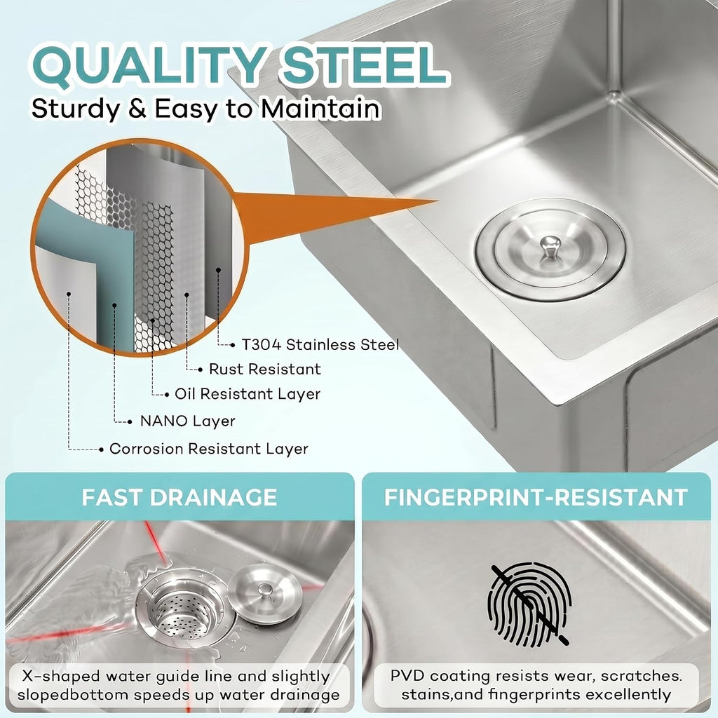 32 Inch Stainless Steel Double Sink,50/50 Undermount Double Sink | 16-Gauge T304 Double Bowl Kitchen Sink 32''x18'',9
