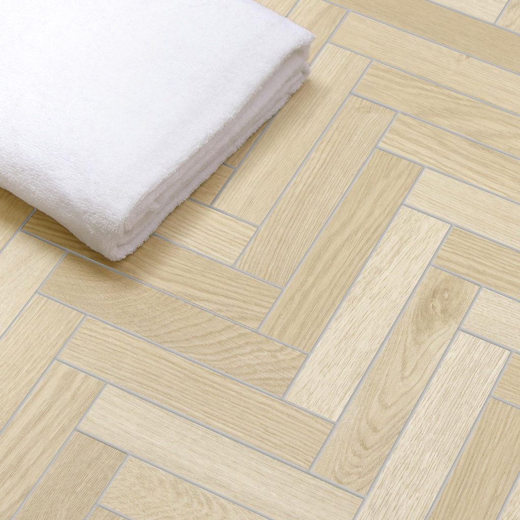 12-Pack Peel & Stick Floor Tile, Herringbone Natural Oak