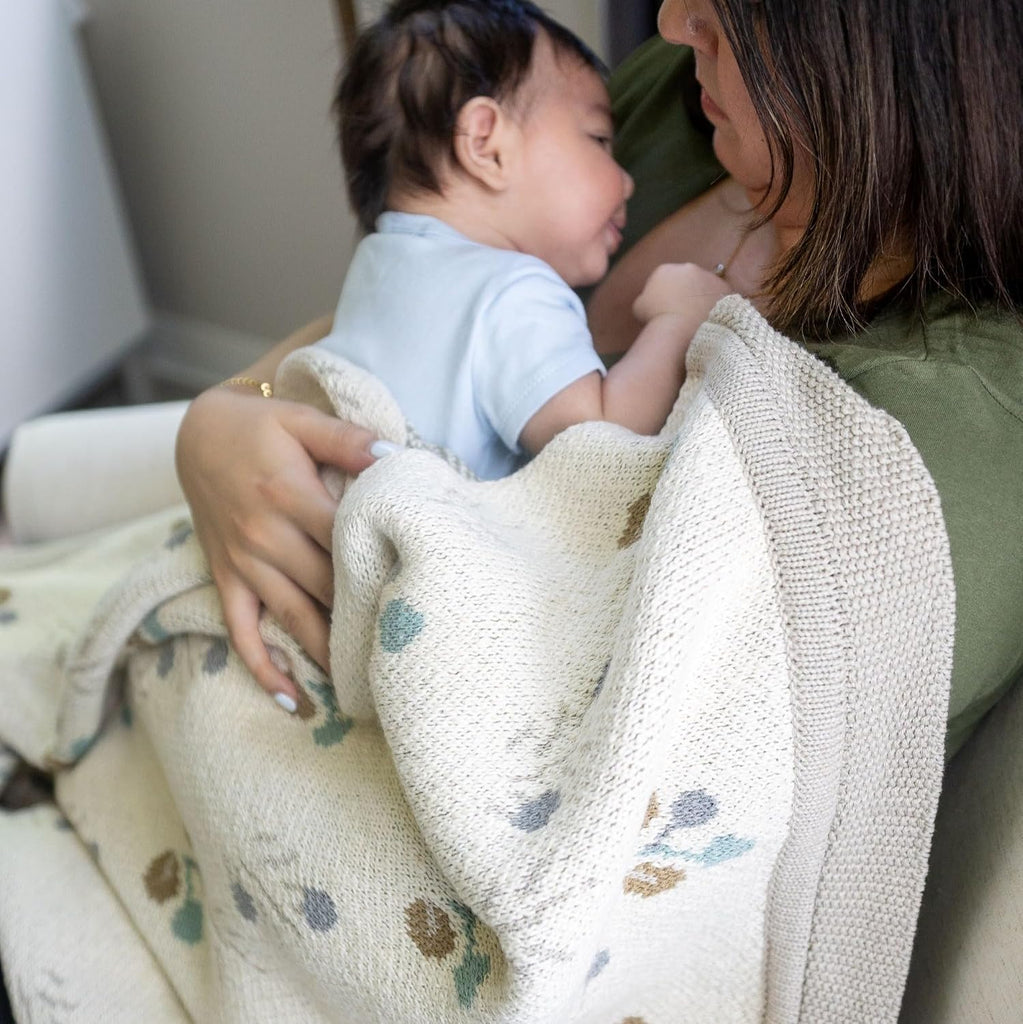 100% Organic Cotton Knit Baby Blanket with Poppy Design, Soft Reversible Stroller and Crib Blanket, Gender Neutral