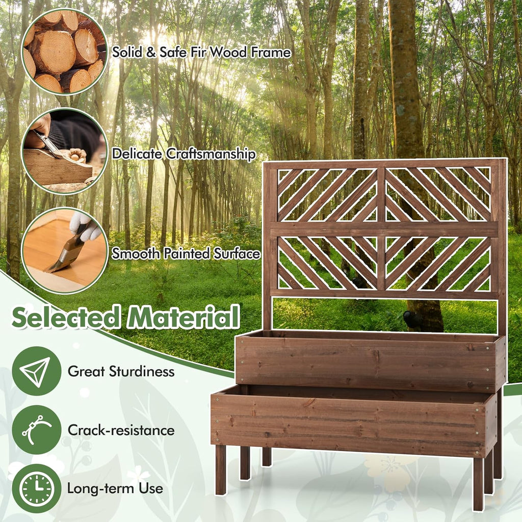Raised Garden Bed with Trellis & 2 Planter Boxes, 2-Tier Outdoor Wooden Elevated Planter Box with Legs & Drainage