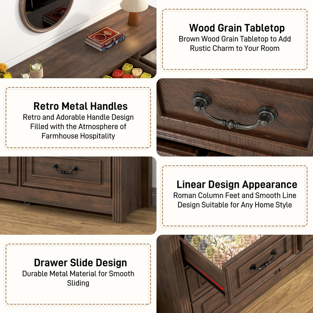 Farmhouse 12 Drawer, 63" Wood Chest of Drawers with Rustic Handles, Wide Closet Dressers Organizer, Living Room