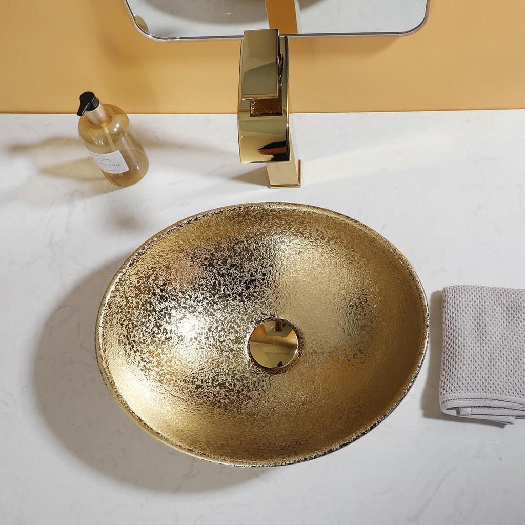 16" Gold Bathroom Sink Ceramic Vessel Sinks for Bathrooms Above Counter Bathroom Sink Oval Vessel Sink with Faucet