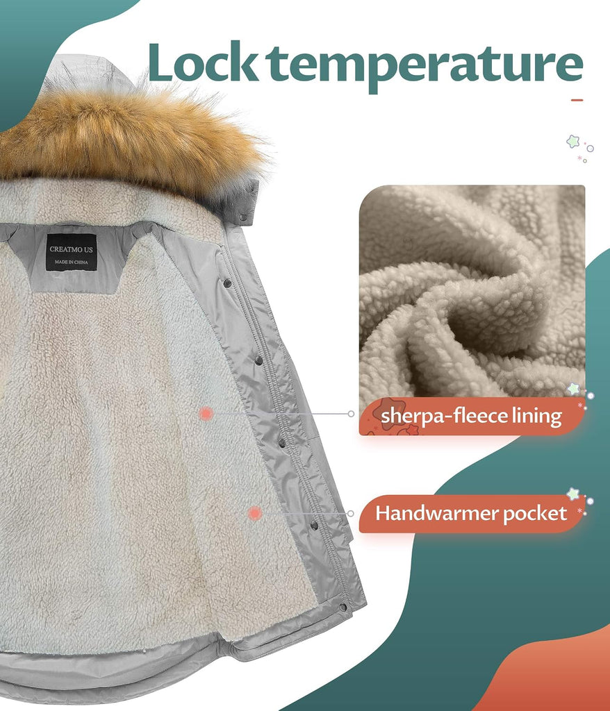 Girl's Long Winter Warm Parka Sherpa Trimmed Collar Puffer Ski Jacket Coat