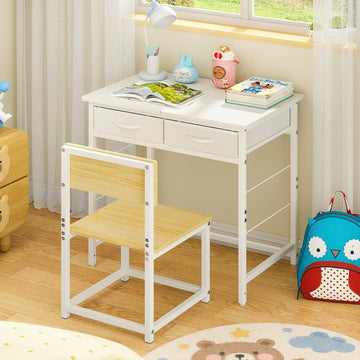 Kids Desk and Chair Set for 5-10 Year Old, Children Study Table with 2 Storage Drawers, Small Student Writing Desk