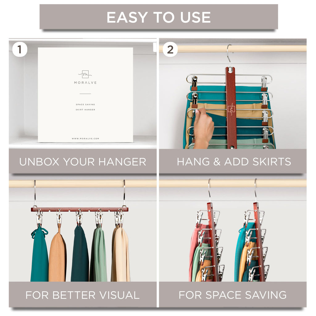 Skirt Hangers Space Saving with Clips - 2 Pack European Beechwood