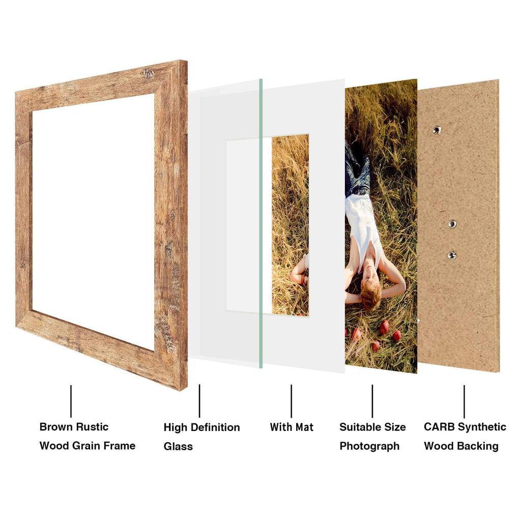 8x10 Picture Frame Set of 2, High Definition Real Glass Rustic Brown Wood Frame, Display Pictures 5x7 with Mat or 8 x