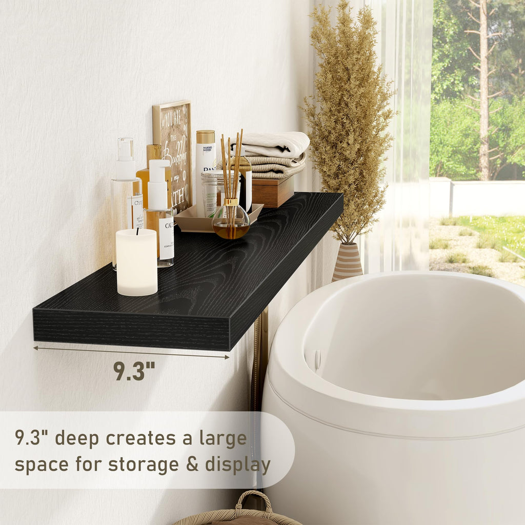 Black Floating Shelves Wall Shelf 48 Inch, 9.3 Inch Deep Floating Shelf for Wall, Farmhouse Black Wood Shelves