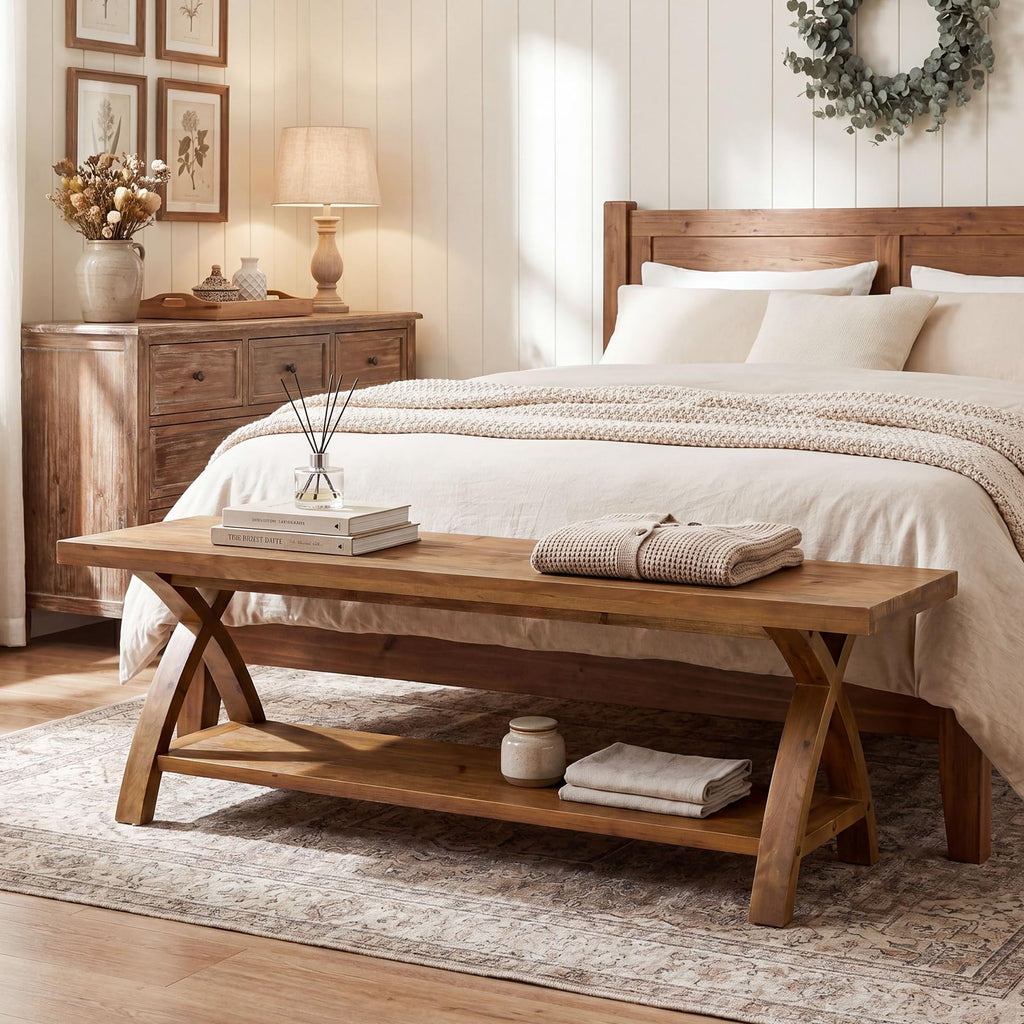 47.24" Solid Wood Entryway Bench with Shoe Storage, 2-Tier Rustic Indoor Bench, Foyer, Hallway