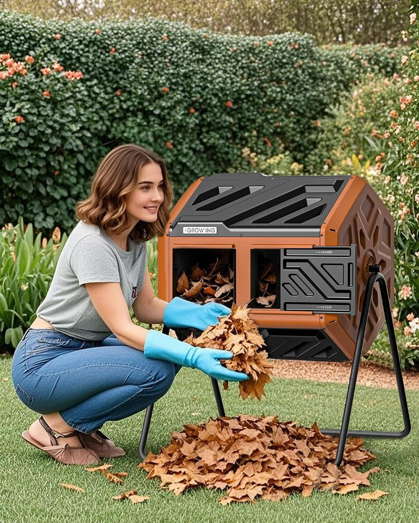 THE Growing 43 Gal Outdoor Compost Bin Tumbler for Backyard Yard, Orange | Twin 21.5gal chambers hold recycling.