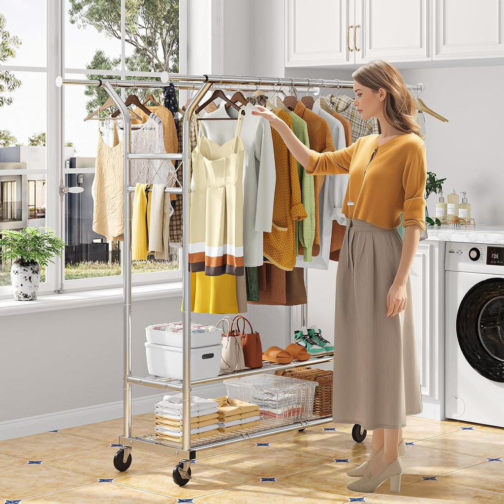 Trending Heavy Duty Clothing Clothes Rack for Hanging, Rolling Double Rod Garment Rack Organizer with Wheels Load 620