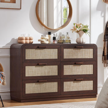 Rattan 6 Drawer Dresser, Walnut