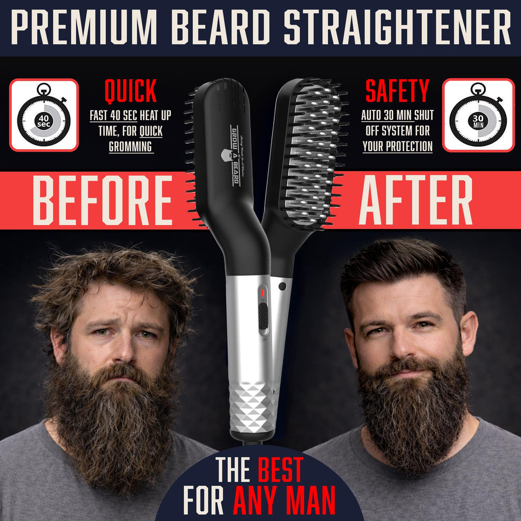 Beard Straightener Grooming Kit for Men, Beard Growth Kit, Wash, Brush & Comb, Unscented Growth Oil, All Natural