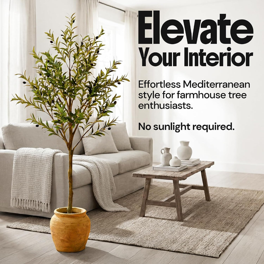 Artificial Olive Tree 6ft Indoor - Faux Olive Tree with Real Wood Trunk & Adjustable Branches, Tall Fake Plant &