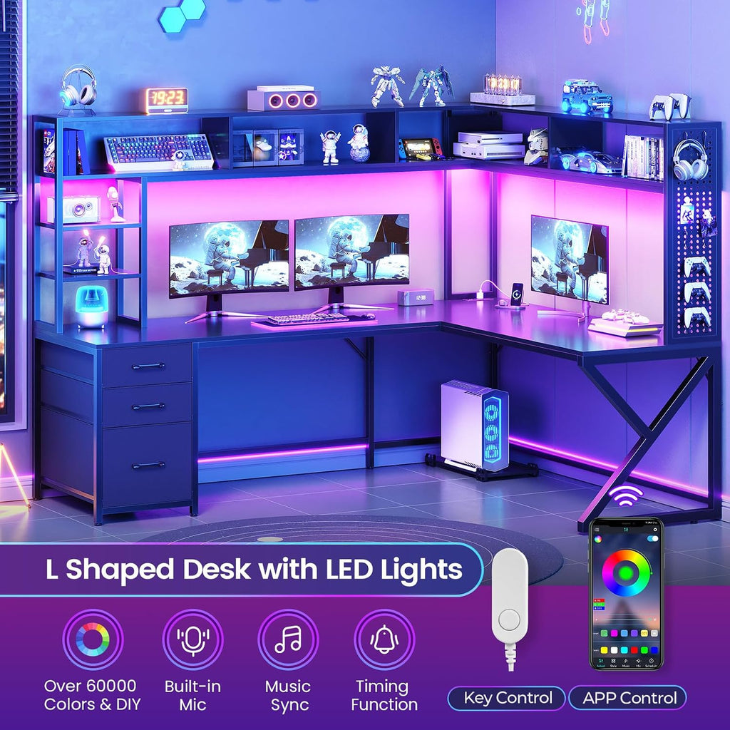 L Shaped Gaming Desk with Storage Shelves, Hutch, Drawers | Convertible 94.5" Computer Desk with Power Outlet, LED