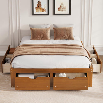 Japanese Wooden Bed Frame Queen with 6 Storage Drawers (Walnut, Queen)