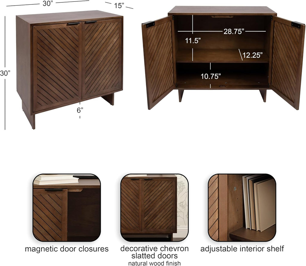 Mezzeta Modern Two-Door Chevron Slatted Wood Floor Storage Cabinet, 30 x 15 x 30, Natural Wood, Transitional Living