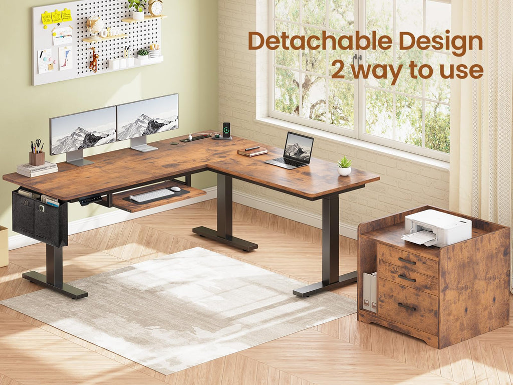 L Shaped Standing Desk with File Cabinet, 3 Drawers, Power Outlet