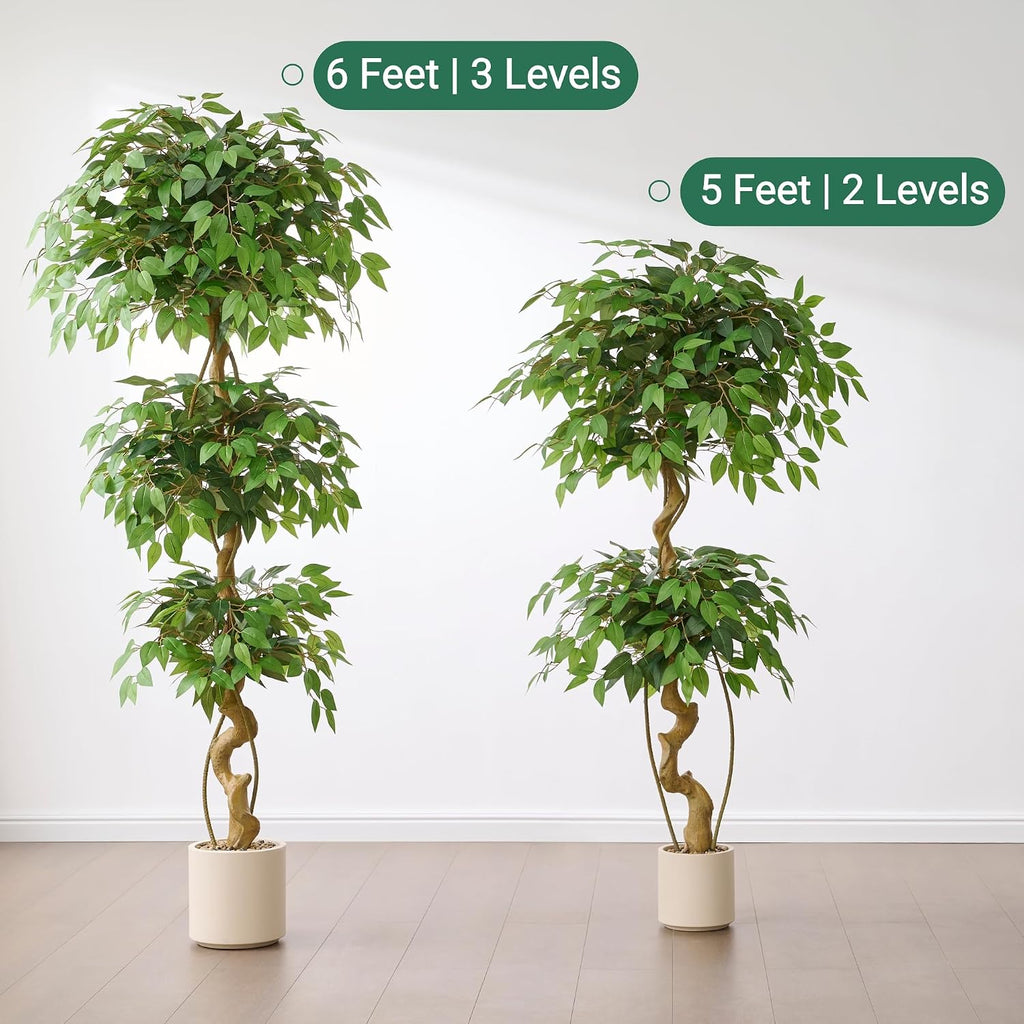 5FT Artificial Ficus Tree, Elegant Faux Topiary Tree in White Pebble Pot