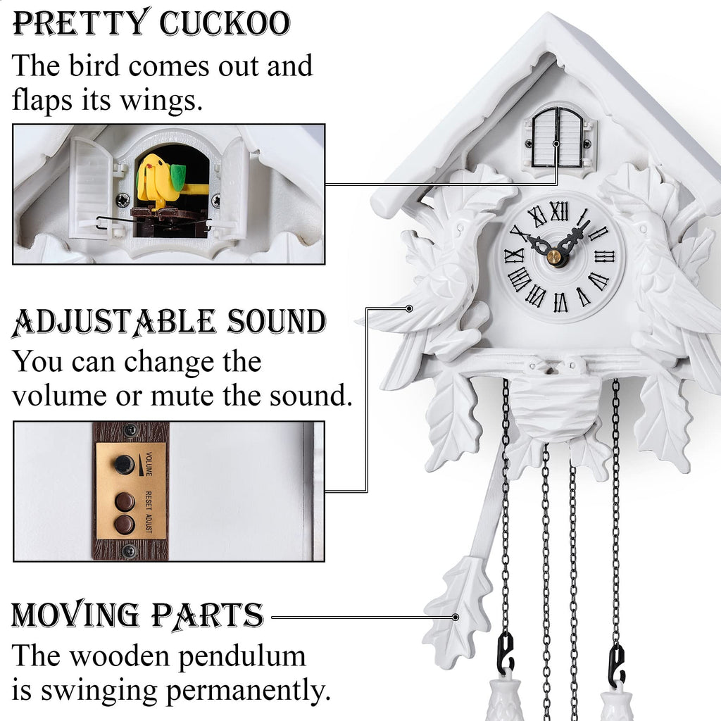 Cuckoo Clock with Night Mode, Wooden Decorations and Swinging Pendulum (White)