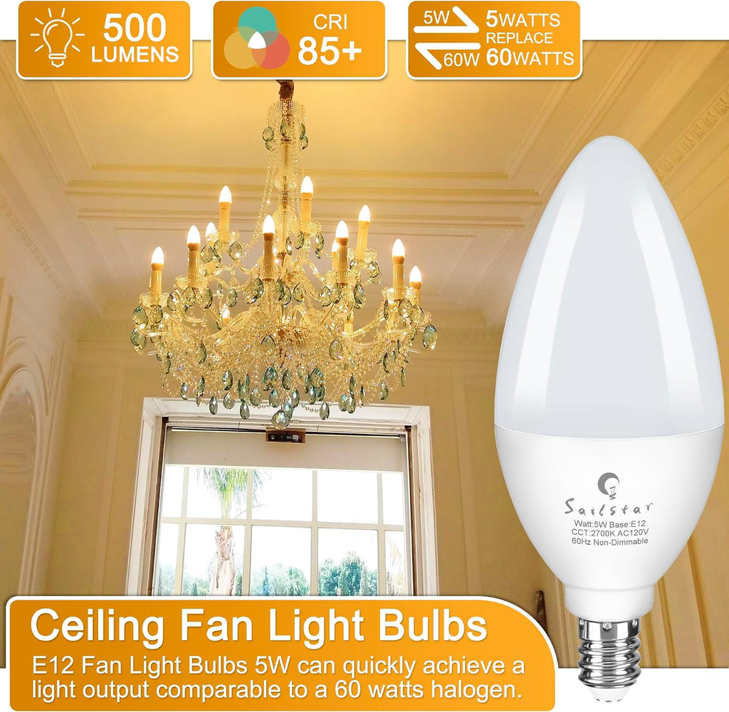 E12 LED Bulb 60W Equivalent, 500 Lumens, Ceiling Fan Light Bulbs Soft White 2700K, Type B Light Bulb 5W, CRI 85, B11