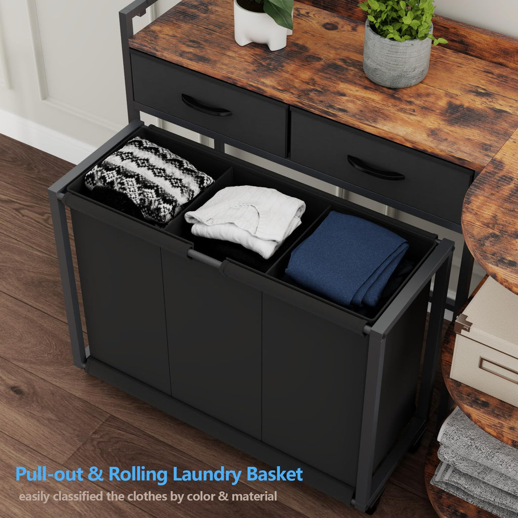 L Shaped Laundry Hamper Laundry Basket with 3 Section Pull-Out Rolling Bags & 3-Tier Storage Shelf, Laundry Sorter