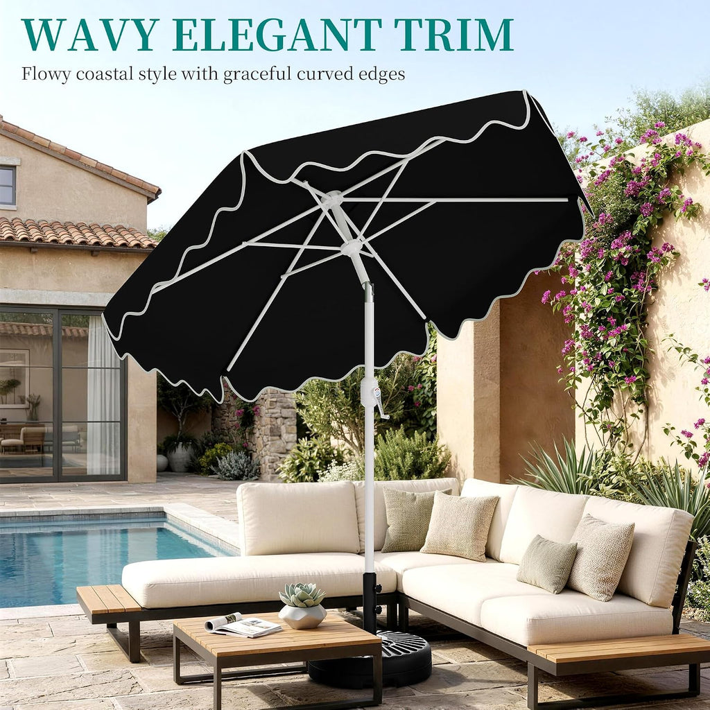 Patio Umbrella with Wavy Trim, UV-Fade-Resistant Canopy, Crank & Tilt - Black 9ft