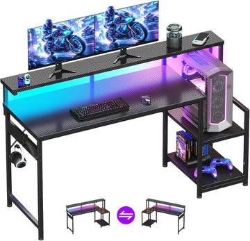55 Inch Gaming Desk with LED Lights & CPU Stand, Carbon Fiber Black | Computer Desk with Storage Shelves, Reversible