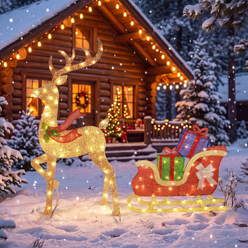 43 ‌"‌ 2.5D Lighted Christmas Reindeer with Sleigh Outdoor Decorations, Deer Pulling Gift Sled with 100 Warm White