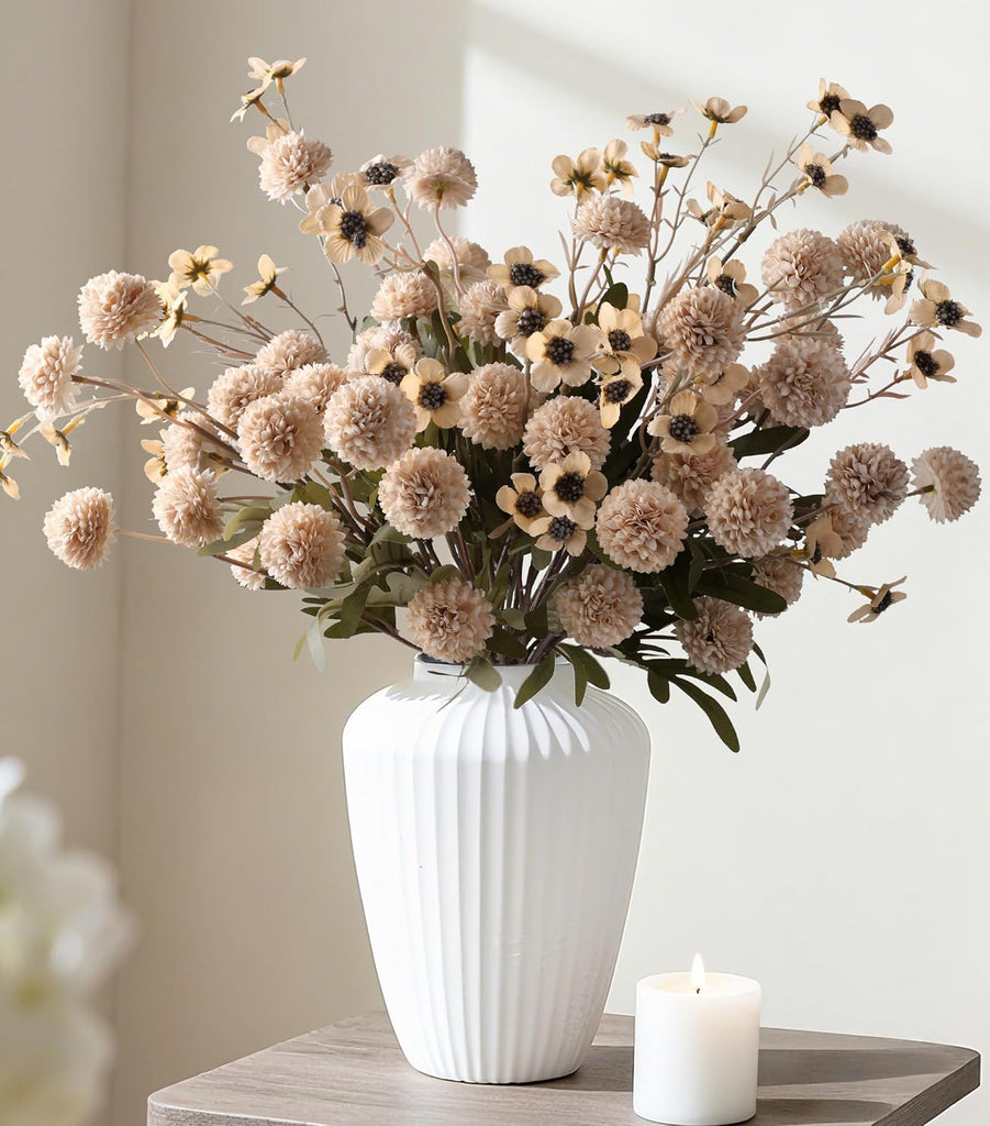 Fake Mums Kiku Flowers Artificial with Wild Flowers Bulk, Beige Silk Flower Arrangements Decor Floral - Set of 8