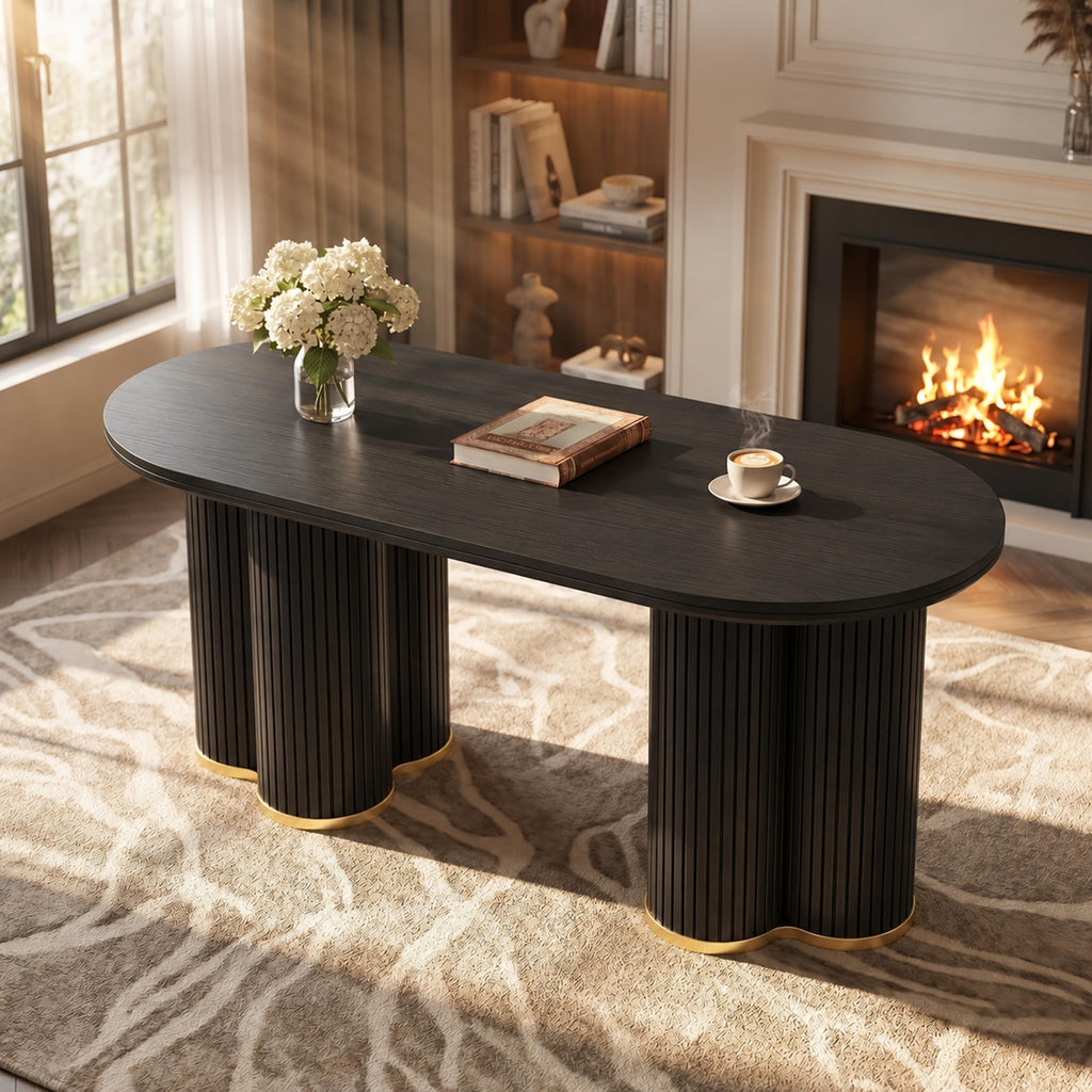 Oval Fluted Coffee Tables, 47" Wood Coffee Table, Black
