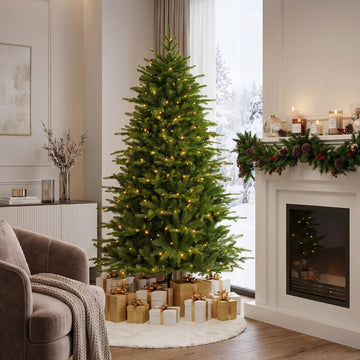 Prelit Christmas Tree, Green Full Artificial Christmas Tree Majestic Evergreen Fir with 300 Warm