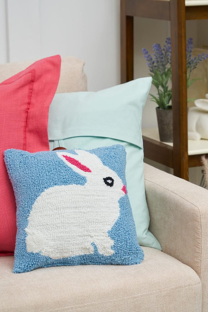 Easter Bunny Hooked Blue Mini Accent Pillow 12" x 12"