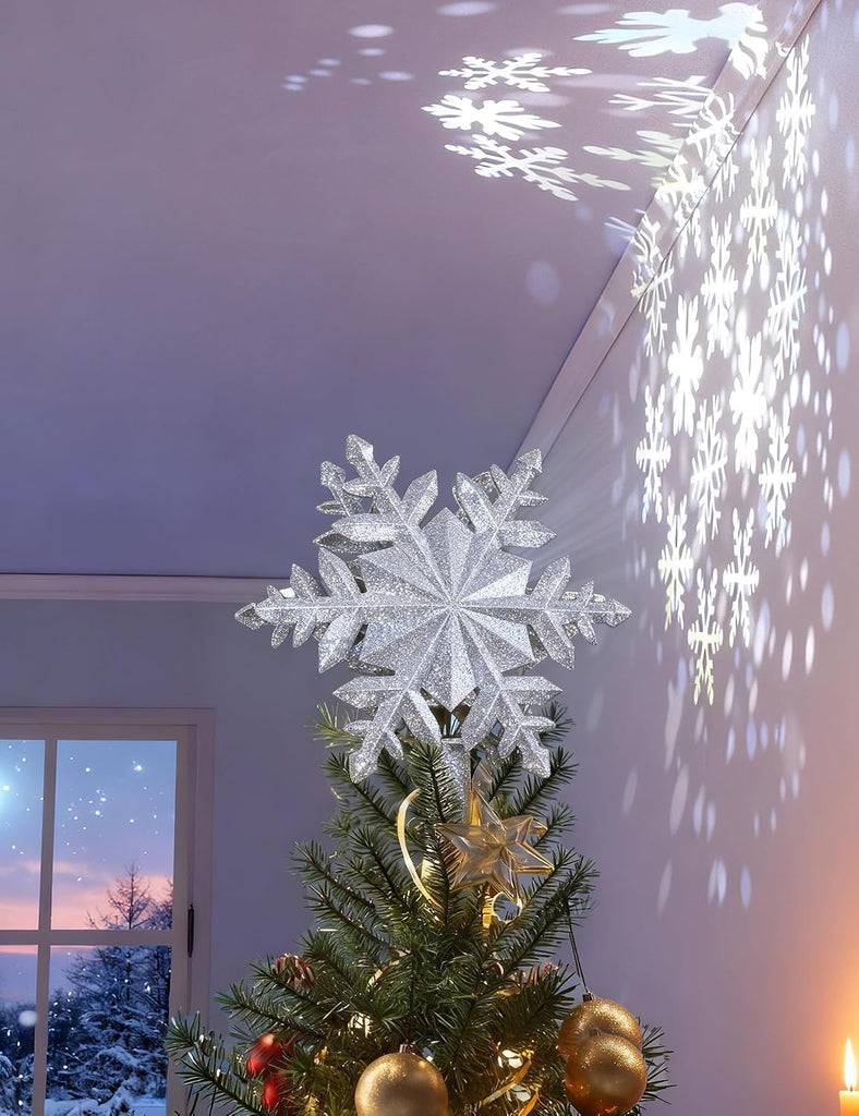 Christmas Tree Topper with Rotating Snowflake Projector, Silver