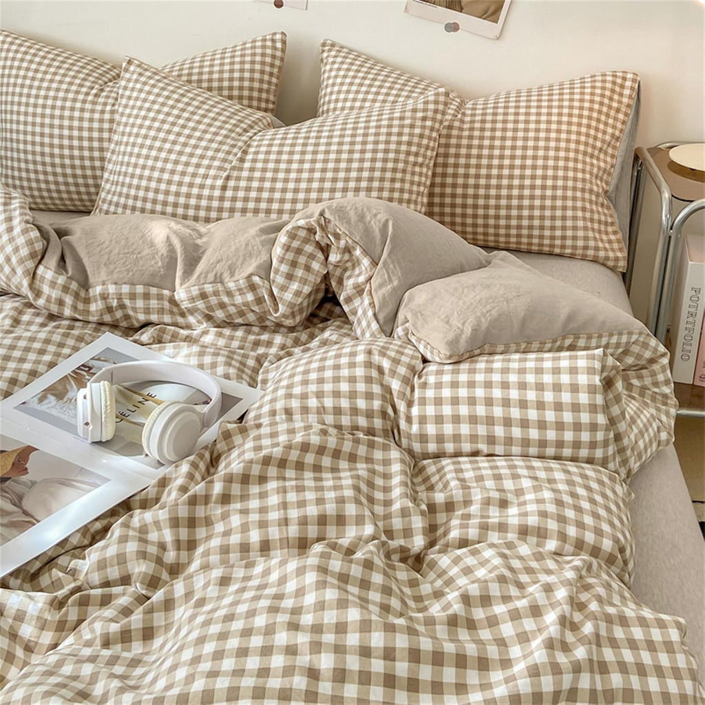 Gingham Duvet Cover Queen Brown Tan Plaid Checkered Comforter Cover Grid Farmhouse Bedding Set 3 Pcs Soft Breathable