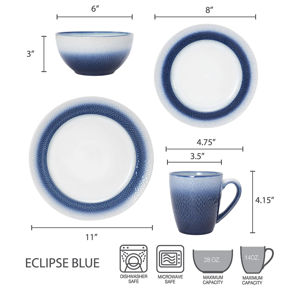 Eclipse Blue 16-Piece Stoneware Dinnerware Set, Service for 4 with Dinner Plates, Salad Plates, Bowls and Mugs