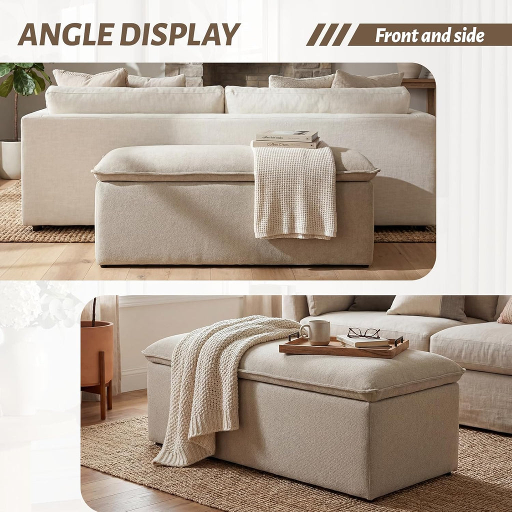Modern Storage Bench, Upholstered Storage Ottoman Chenille Fabric with Seating Entryway Bench Living Room, Oatmeal