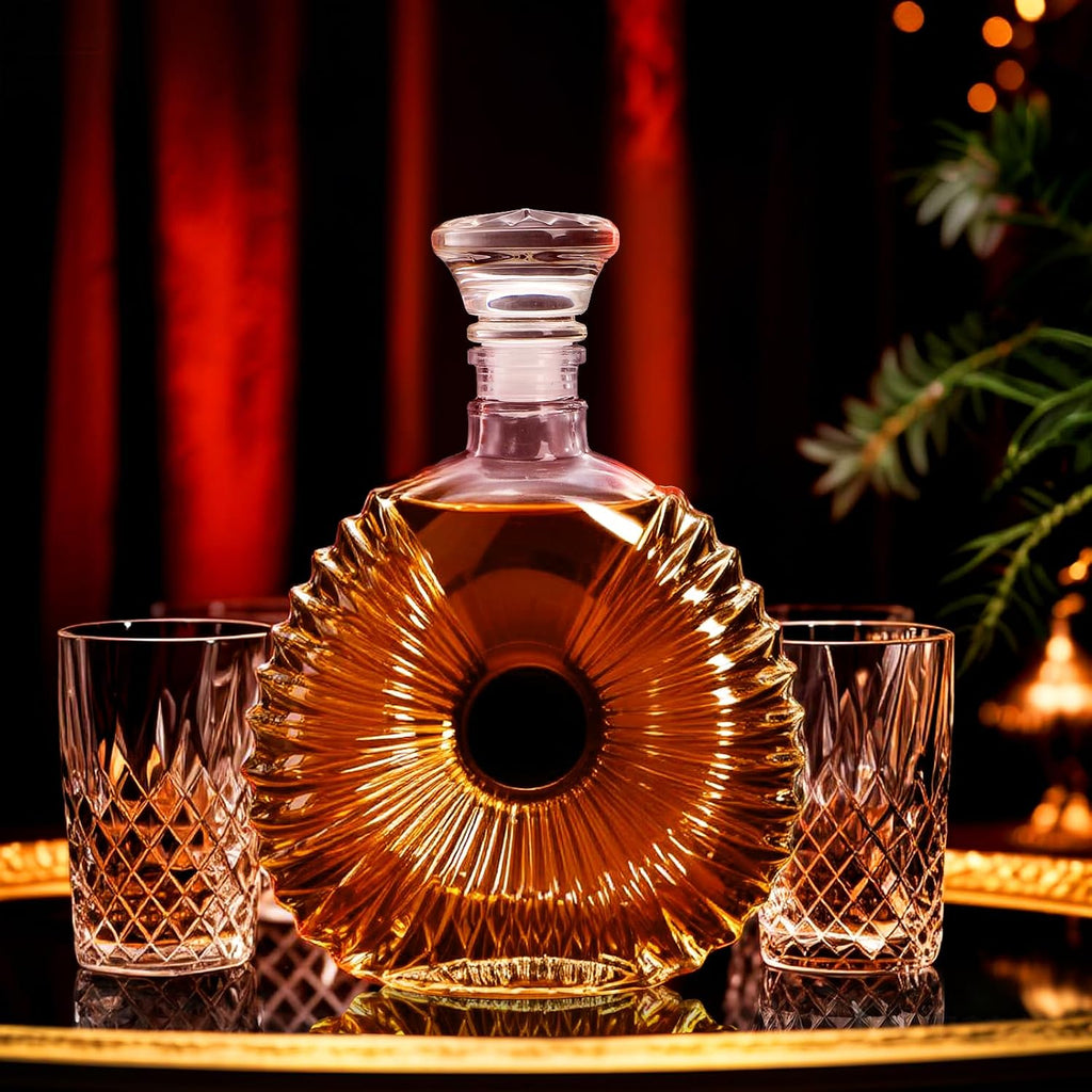 Glass Whiskey Decanter with Airtight Stopper, 25 Oz Crystal Liquor Decanter Lead-free Whiskey Wine Bottle - Set of 3