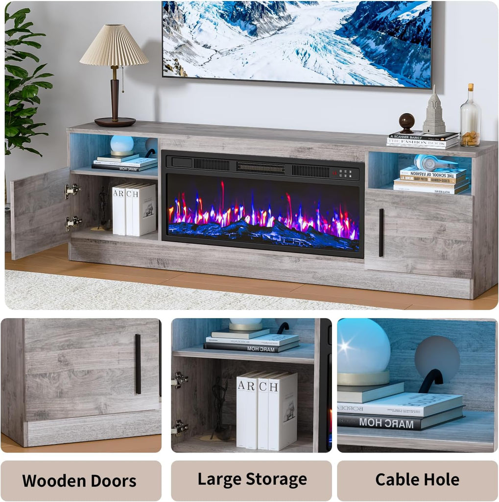 Fireplace TV Stand with 36" Fireplace Up to 80" TVs, 70" Entertainment Center with LED Lights, Remote Control, TV