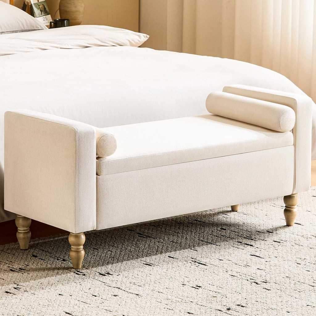 Large Storage Ottoman Bench, 45.7" Linen Upholstered Entryway Bench with Solid Wood Legs, End of Bed Bench, Shoe