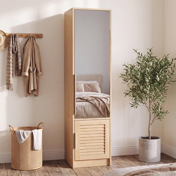 62.6"H Armoire Wardrobe Closet w/ 1 Louvered Door & Mirror, Natural