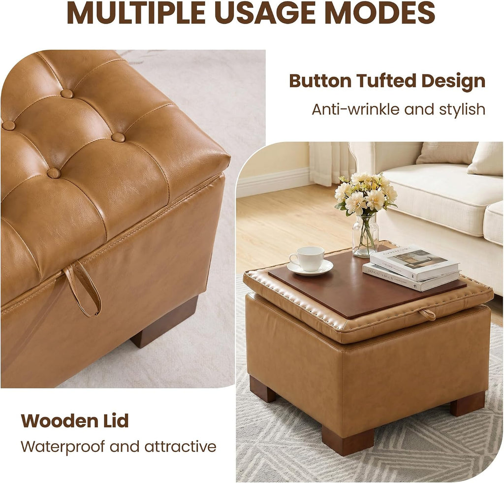 24 Inch Square Storage Ottoman Coffee Table, Modern Tufted Upholstered Ottoman with Flip Tray and Solid Wood Legs