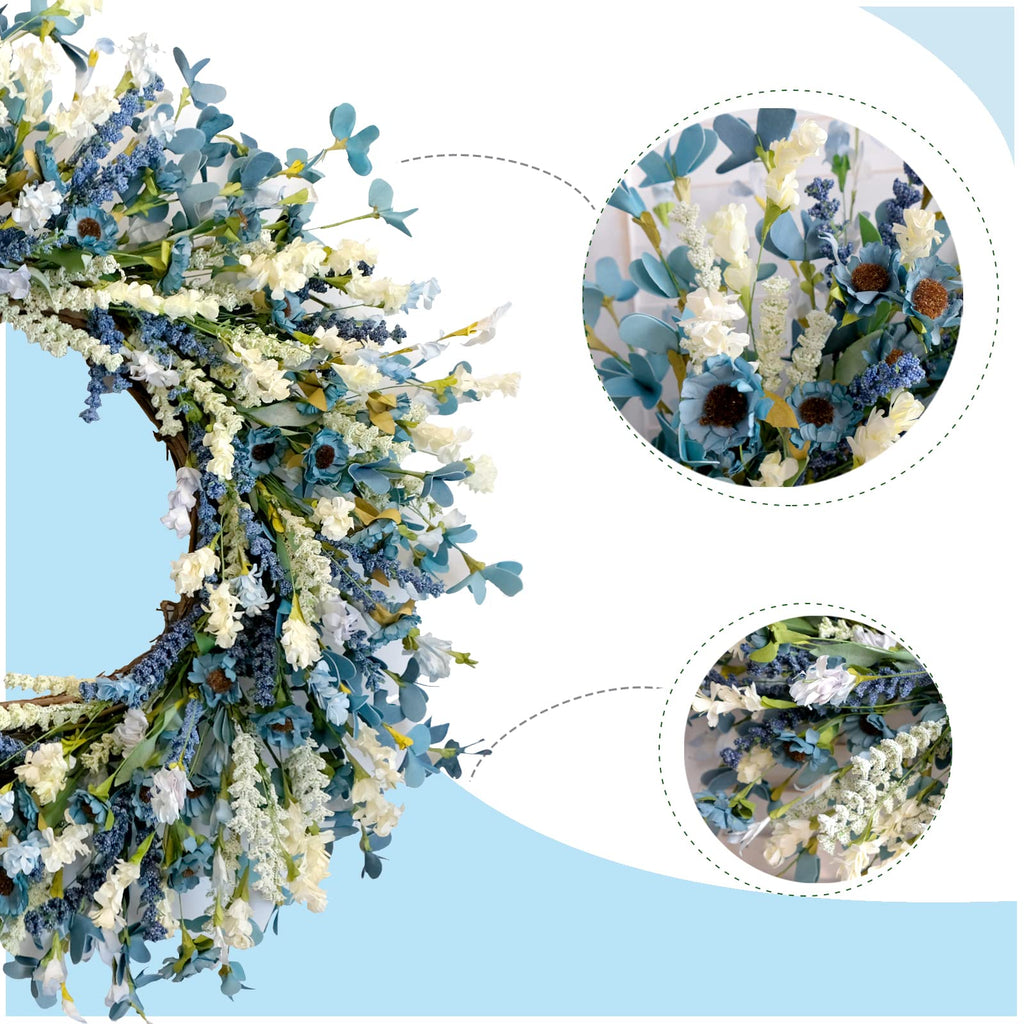 26 Inch Summer Spring Blue Ivory Lavender Flower Wreath for Front Door, Rustic and Farmhouse Wild Flowers Wreath for