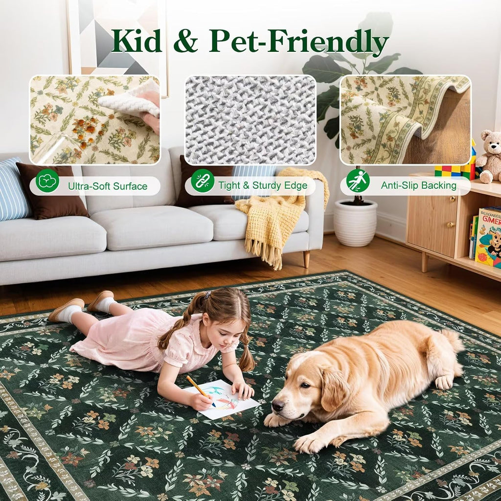 Green Floral Rugs 8x10 Area Rugs, Non Slip Stain Resistance Washable Vintage Large Area Rug, Low Pile Checkered