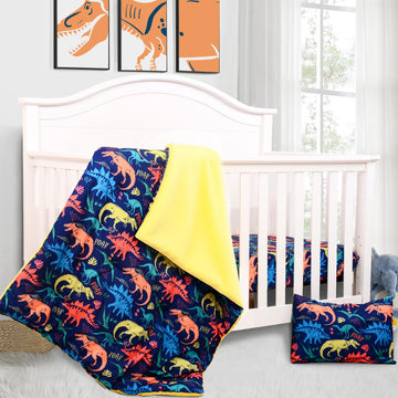 3 Piece Crib Bedding Set for Boys,Dinosaur,Quilt,Sheet&Pillowcase