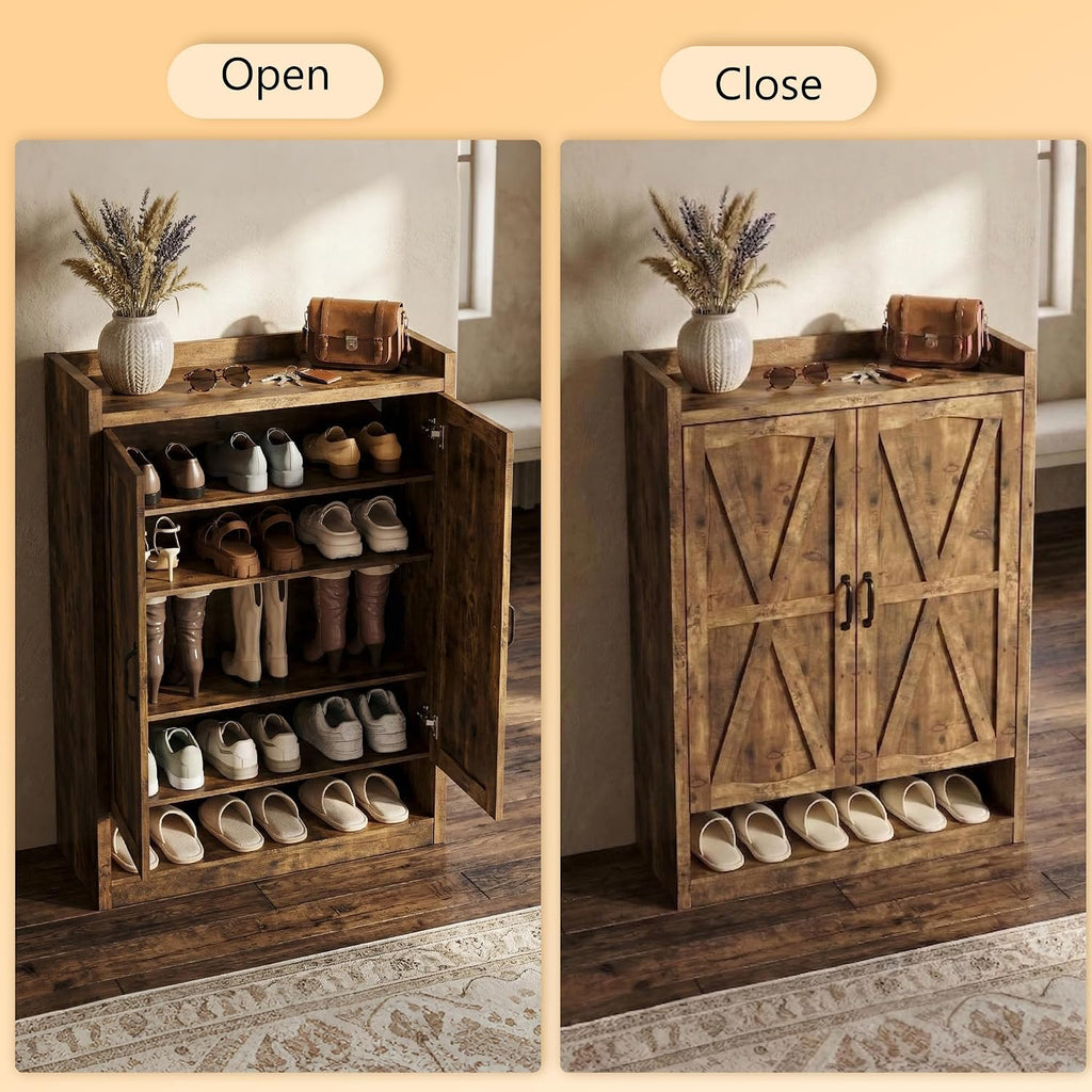 5-Tier Shoe Cabinet with Doors, Adjustable & Removable Shelves, Wooden Farmhouse Shoe Storage Organizer, Entryway