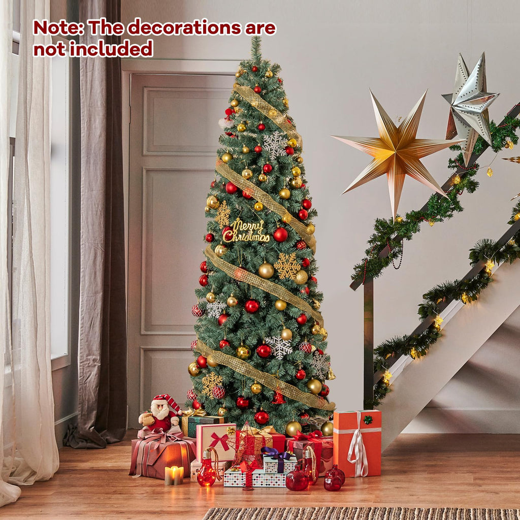 7.5 FT Pre-lit Pencil Christmas Tree, Hinged Artificial Xmas Tree w/ 724 Blue Branch Tips, 250 Warm White &