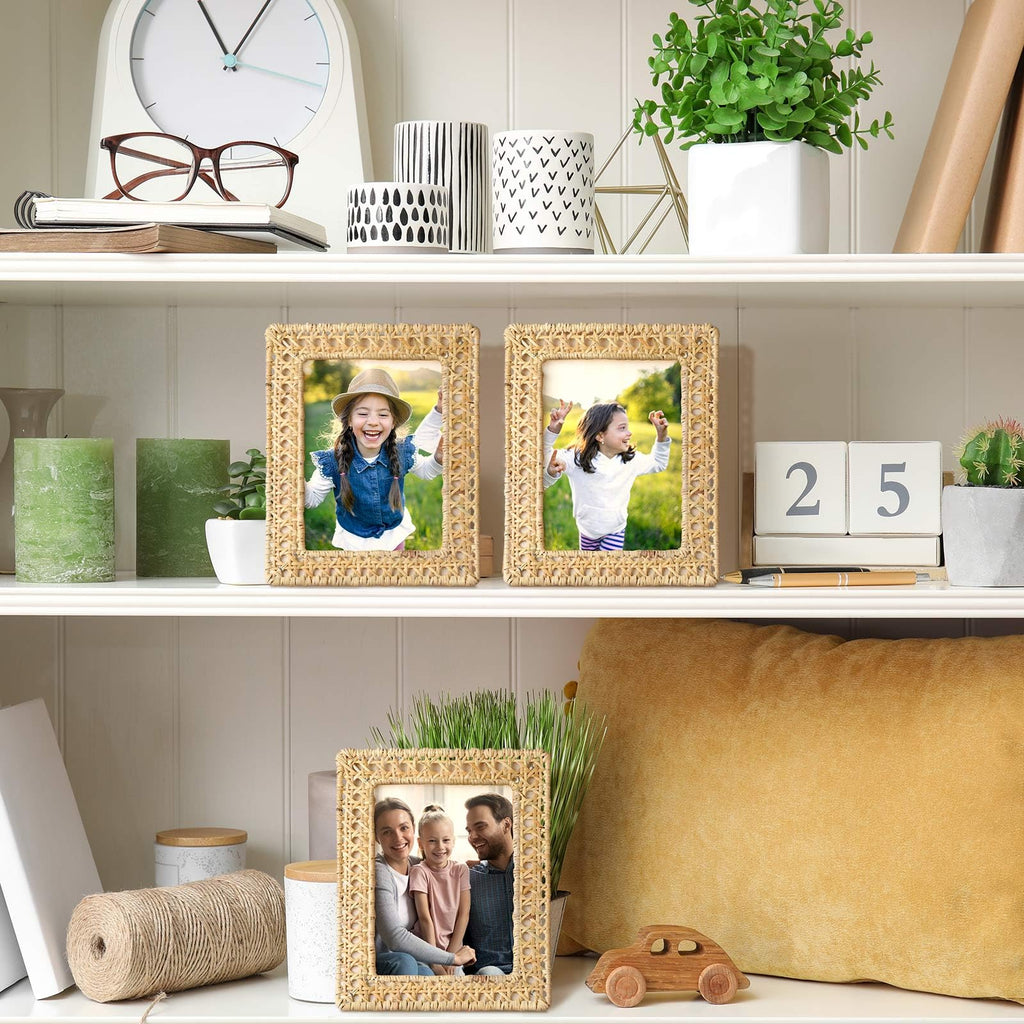 3pcs Boho Woven Rattan Picture Frame Set Rustic Wicker Photo Frames with Stand for Tabletop & Wall Display, Farmhouse